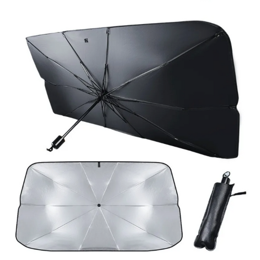 Collapsible Automobile Sun Shade Canopy: black, silver umbrella, minimal functional style