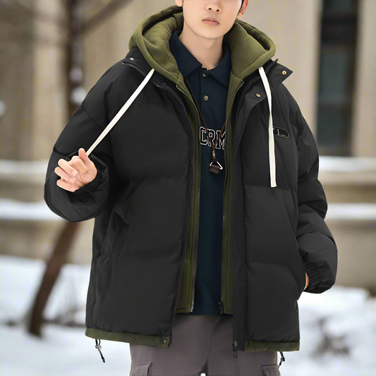 Layered Appearance Men's Hooded Puffer Jacket: black, olive green hooded puffer jacket, casual urban outerwear style