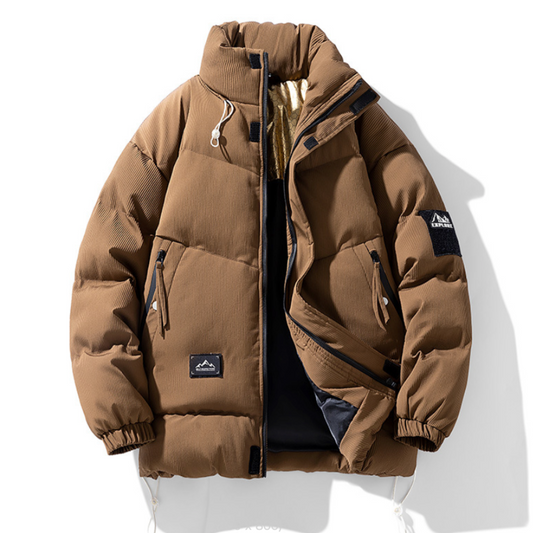 Puffer Jacket for Men with Stand Collar: brown, black puffer jacket, casual outdoor streetwear style