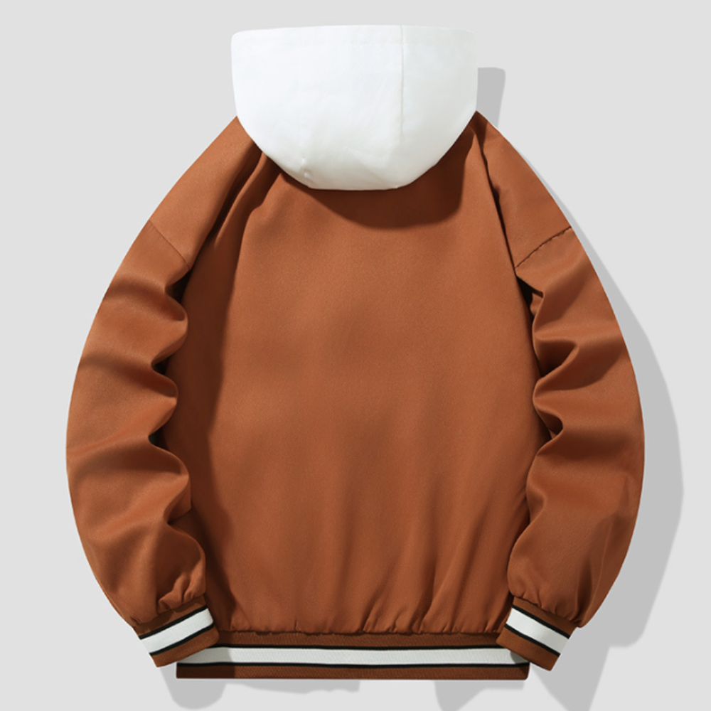 Layered Appearance Men's Baseball Jacket Featuring a Hood