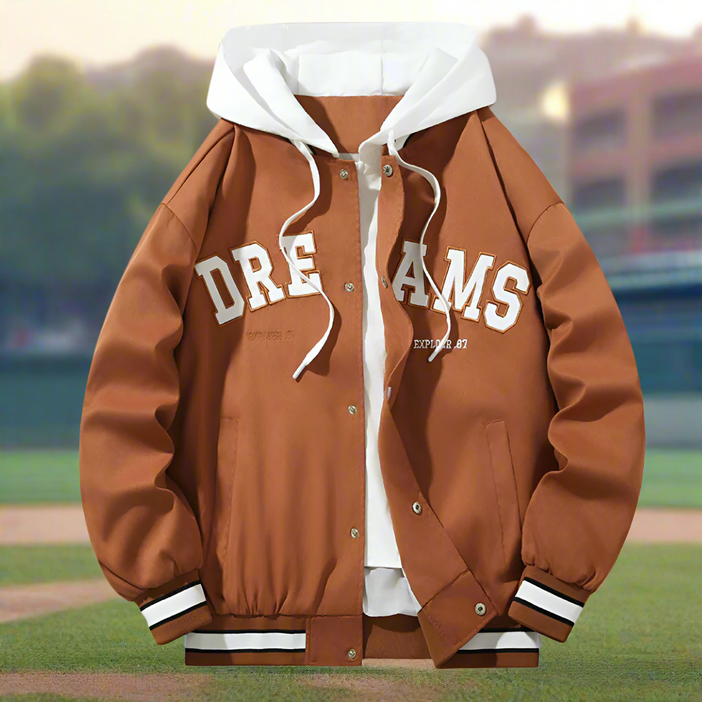 Layered Appearance Men's Baseball Jacket Featuring a Hood