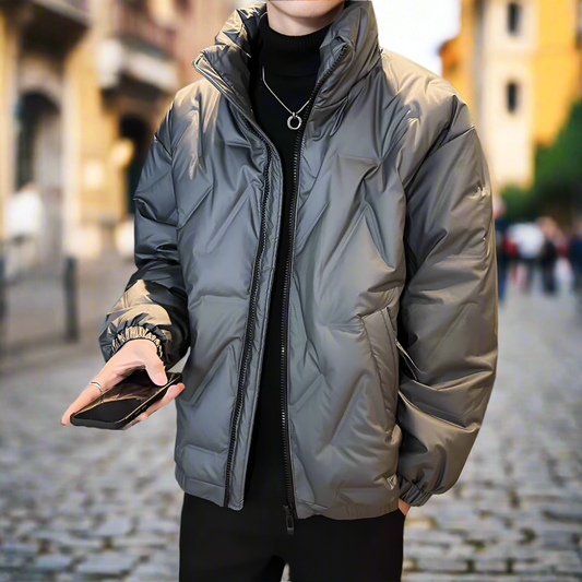Quilted High Collar Men's Jacket: gray, black puffer jacket, minimal urban outerwear style