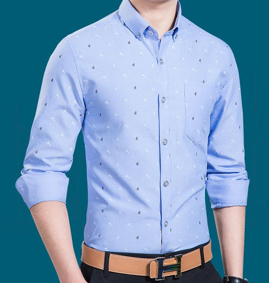Blue Long Sleeve Slim-Fit Men's Shirt: light blue, white button-down shirt, casual patterned style