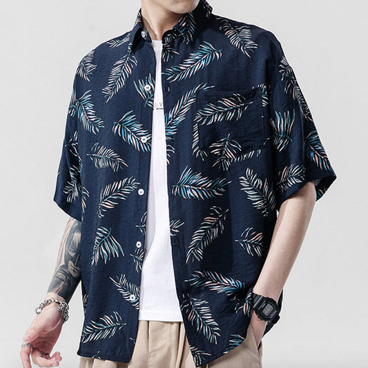 Oversized Navy Floral Hawaiian Shirt for Men: dark navy blue, white feather pattern, casual tropical graphic style