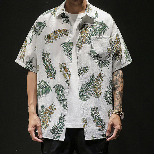Oversized Tropical Leaf Print Men's Hawaiian Shirt: off-white, green tropical palm leaves, casual tropical style