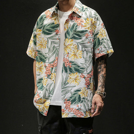 Oversized Hawaiian Print Men's Short Sleeve Shirt for a Tropical Vibe: white, green tropical floral and leaf pattern, tropica