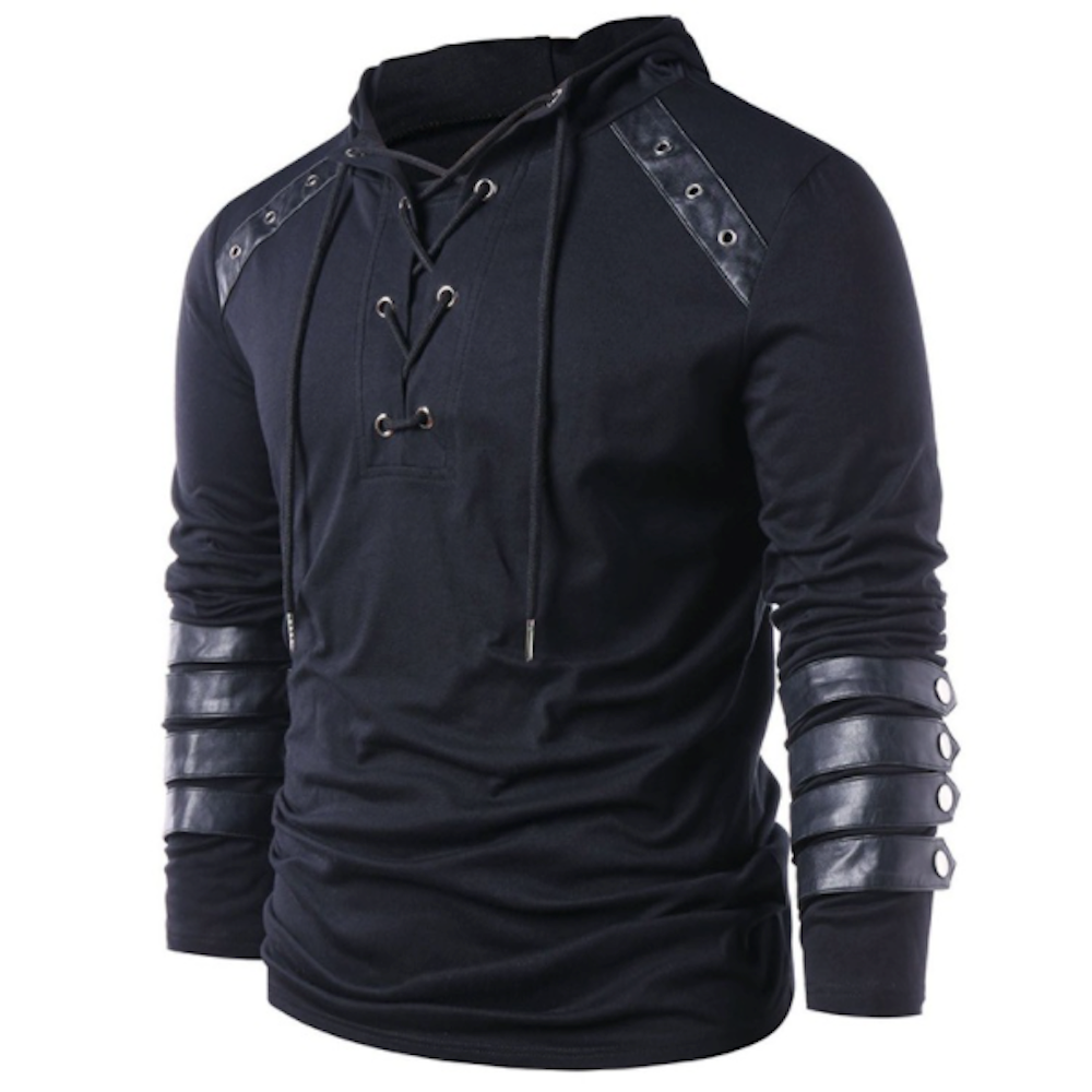 Pullover Hoodie for Men with Faux Leather Accents and Lace-Up Design