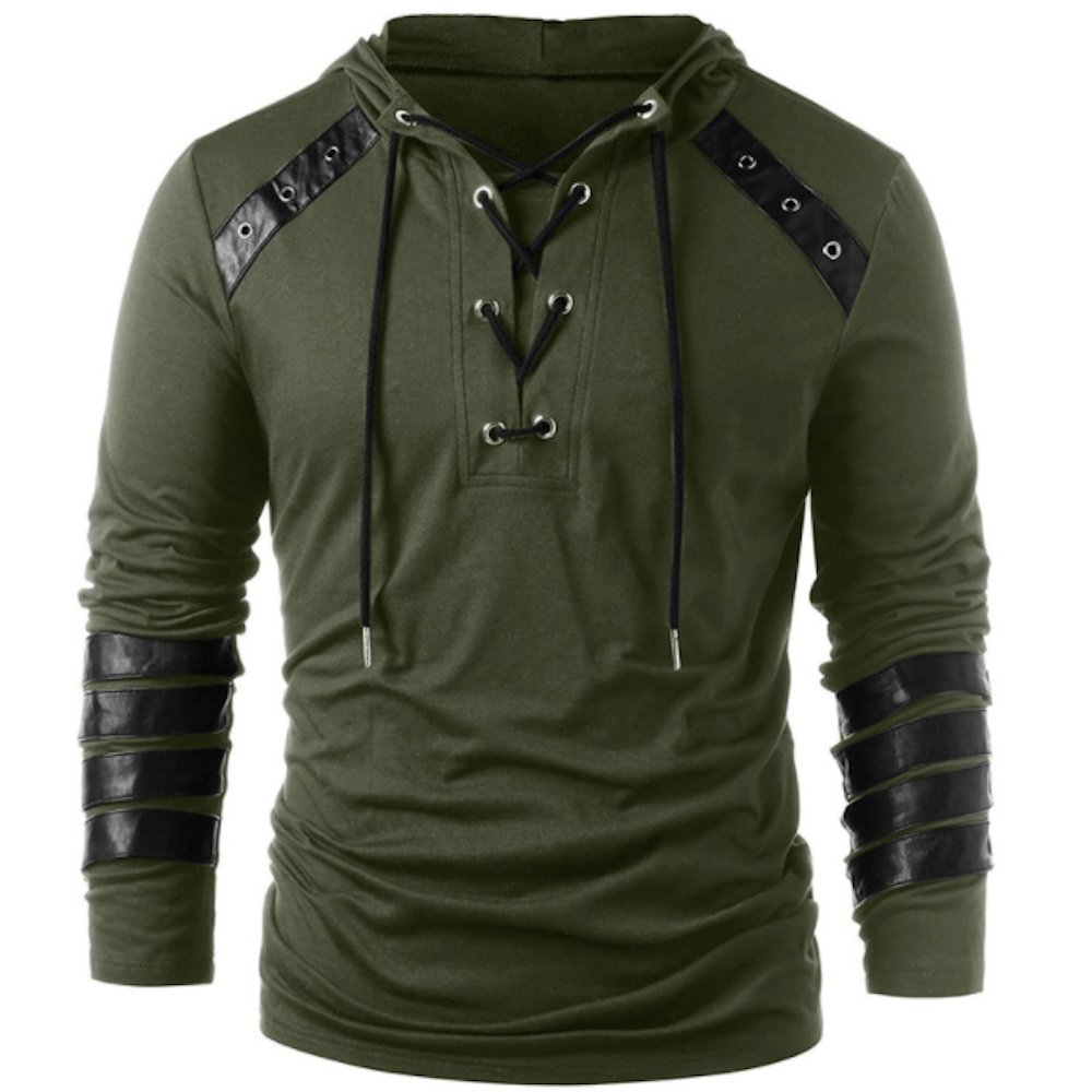 Pullover Hoodie for Men with Faux Leather Accents and Lace-Up Design