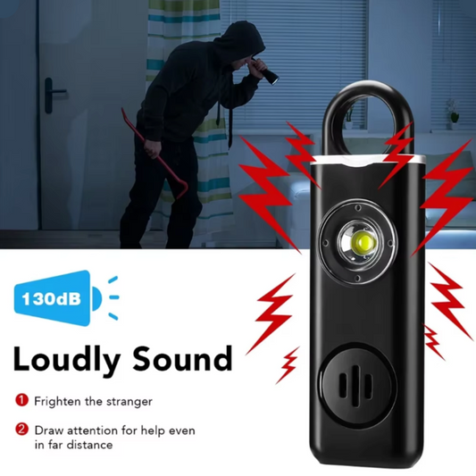 Personal Safety Keychain with Rechargeable Alarm and Flashlight: black, silver personal safety alarm device, modern product a