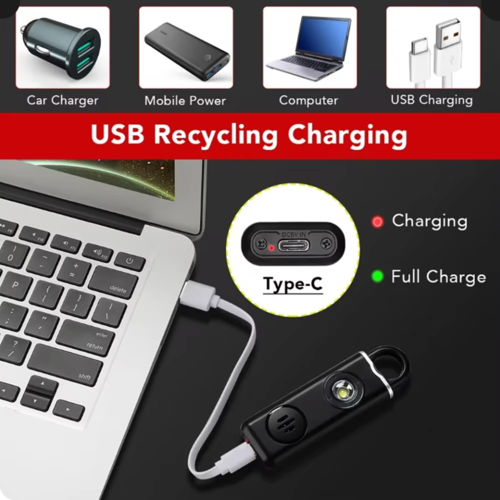 Personal Safety Keychain with Rechargeable Alarm and Flashlight