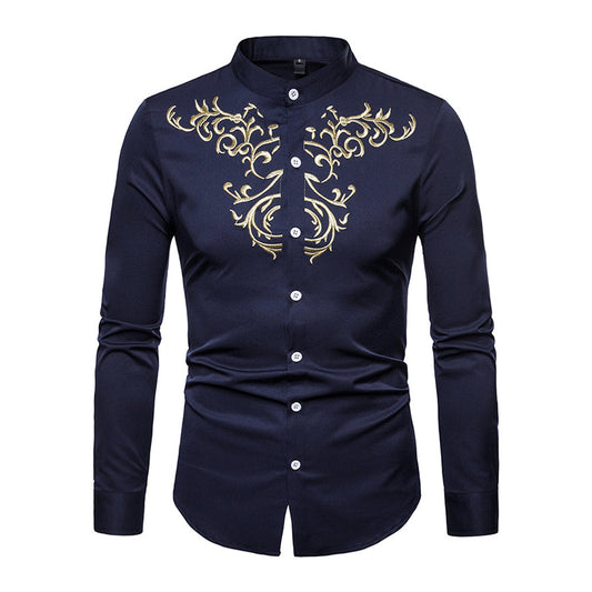 Slim Fit Men's Floral Embroidered Button Down Shirt: dark navy blue, gold long-sleeve button-up shirt, dressy ornamental styl