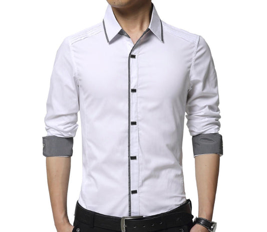 Layered Shoulder Detail Men's Shirt: white, gray button-up dress shirt, modern minimal style