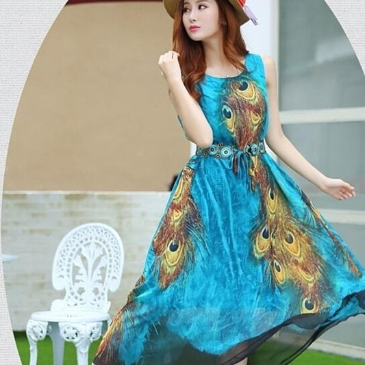 Peacock Sleeveless Dress with Long One Piece Design: turquoise blue, teal peacock theme, ornate, feminine, printed style