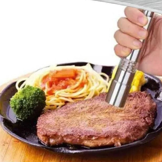 Stainless Steel Deluxe Salt and Pepper Spice Mill: brown, beige plated meal with steak and pasta, food photography style