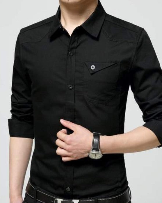 Classic White Long Sleeve Shirt with Flip Pocket and Button Front for Men