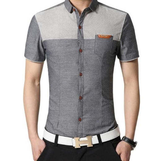 Color Block Men's Denim Shirt: dark gray, light gray short-sleeve button-up shirt, modern casual style