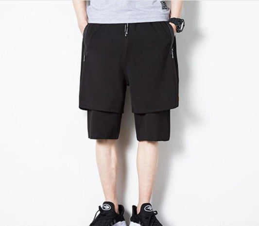 Dual-Layered Men's Shorts: black layered shorts, minimal sporty style
