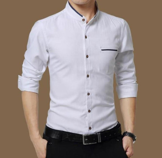 Long Sleeve Button Front Shirt for Men with Mandarin Collar: white, black button-up shirt, minimal style