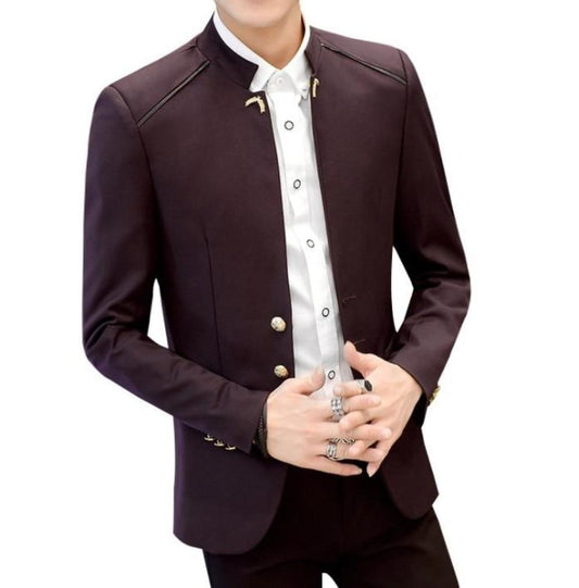 Slim Fit Blazer for Men's Fashion: dark burgundy, white men's jacket/blazer, formal, modern military-inspired style