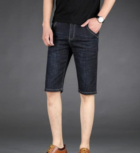 Slim Fit Black Denim Shorts for Men, Mid Length: dark indigo blue, black denim shorts, casual style