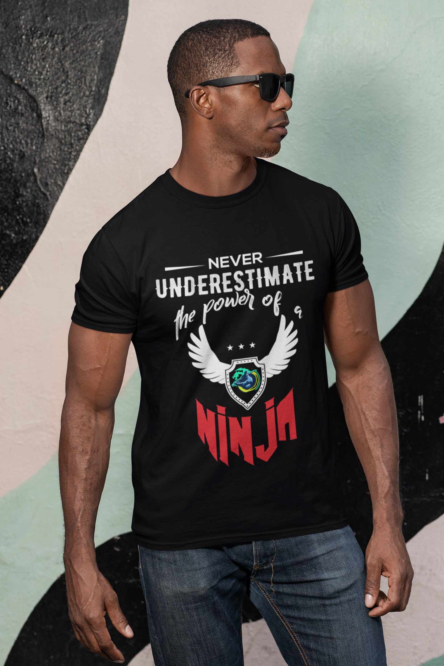 Short Sleeve T-Shirt with Red Ninja Emblem