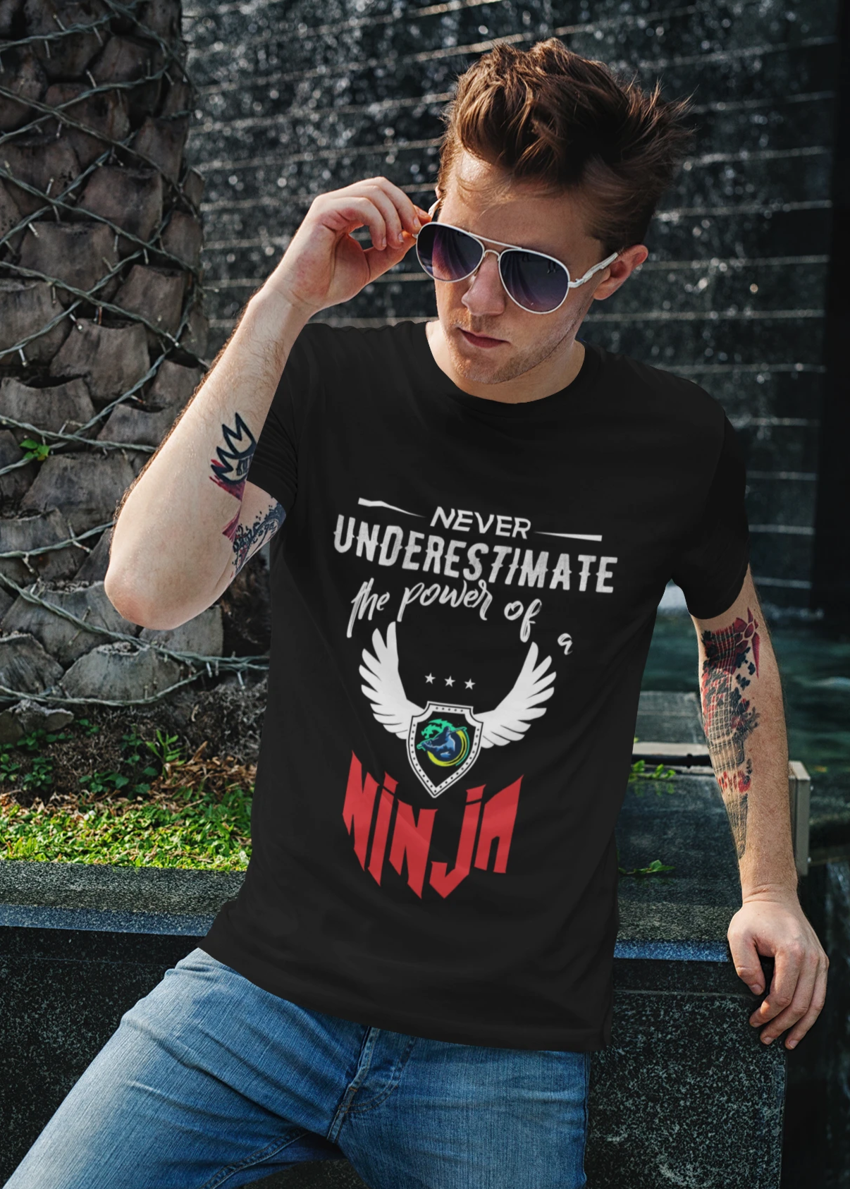 Short Sleeve T-Shirt with Red Ninja Emblem