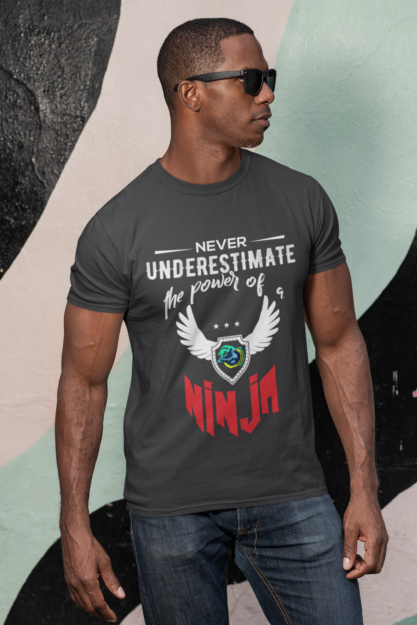 Short Sleeve T-Shirt with Red Ninja Emblem