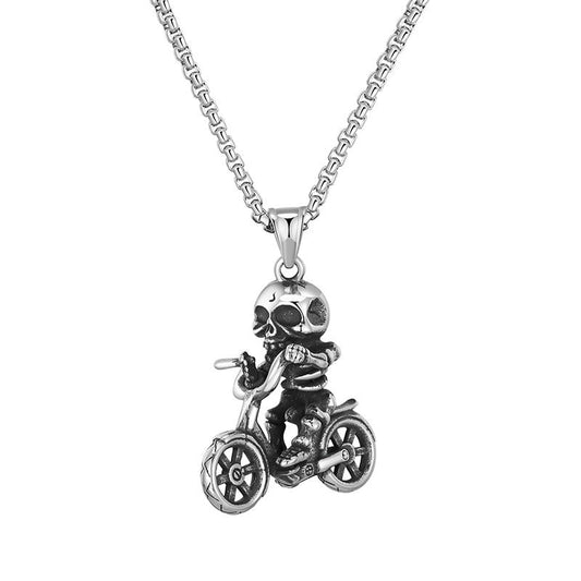 Bike Necklace with a Skeleton Design: silver, dark gray skeleton riding a motorcycle, gothic cartoon style