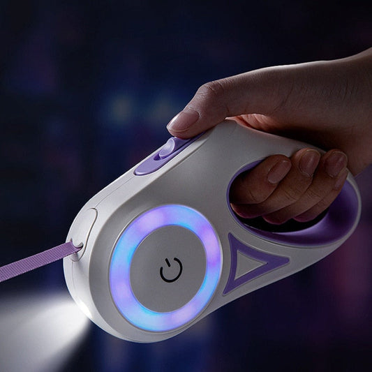 Retractable Illuminating Dog Leash: white, purple handheld retractable leash with flashlight, modern futuristic style