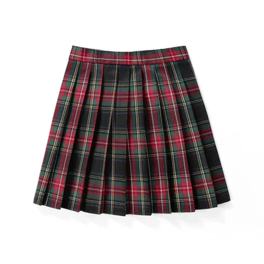 Plaid Mini Skirt with a Japanese Twist: dark green, red pleated skirt, classic school-uniform-inspired style