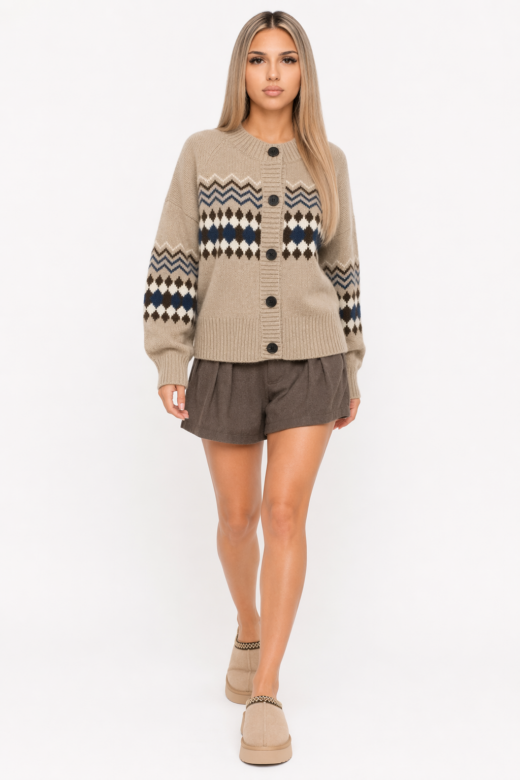 Horizontal Patterned Button-Front Women's Cardigan Beige