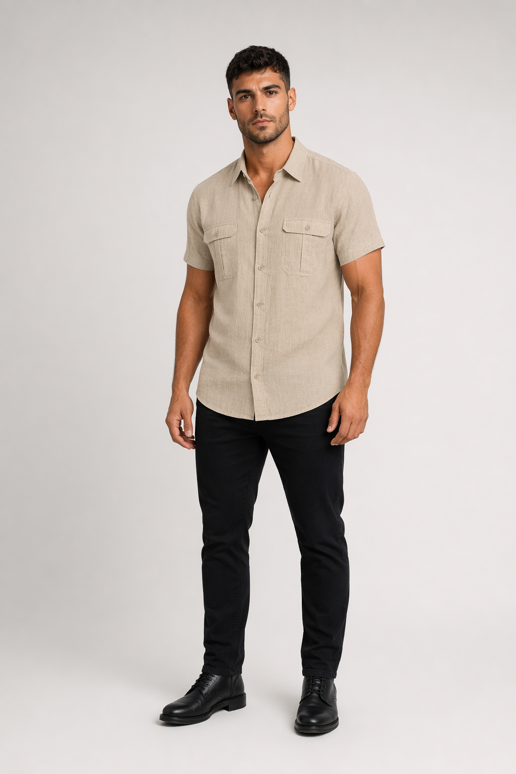 Linen Short-Sleeve Summer Shirt for Men KHAKI