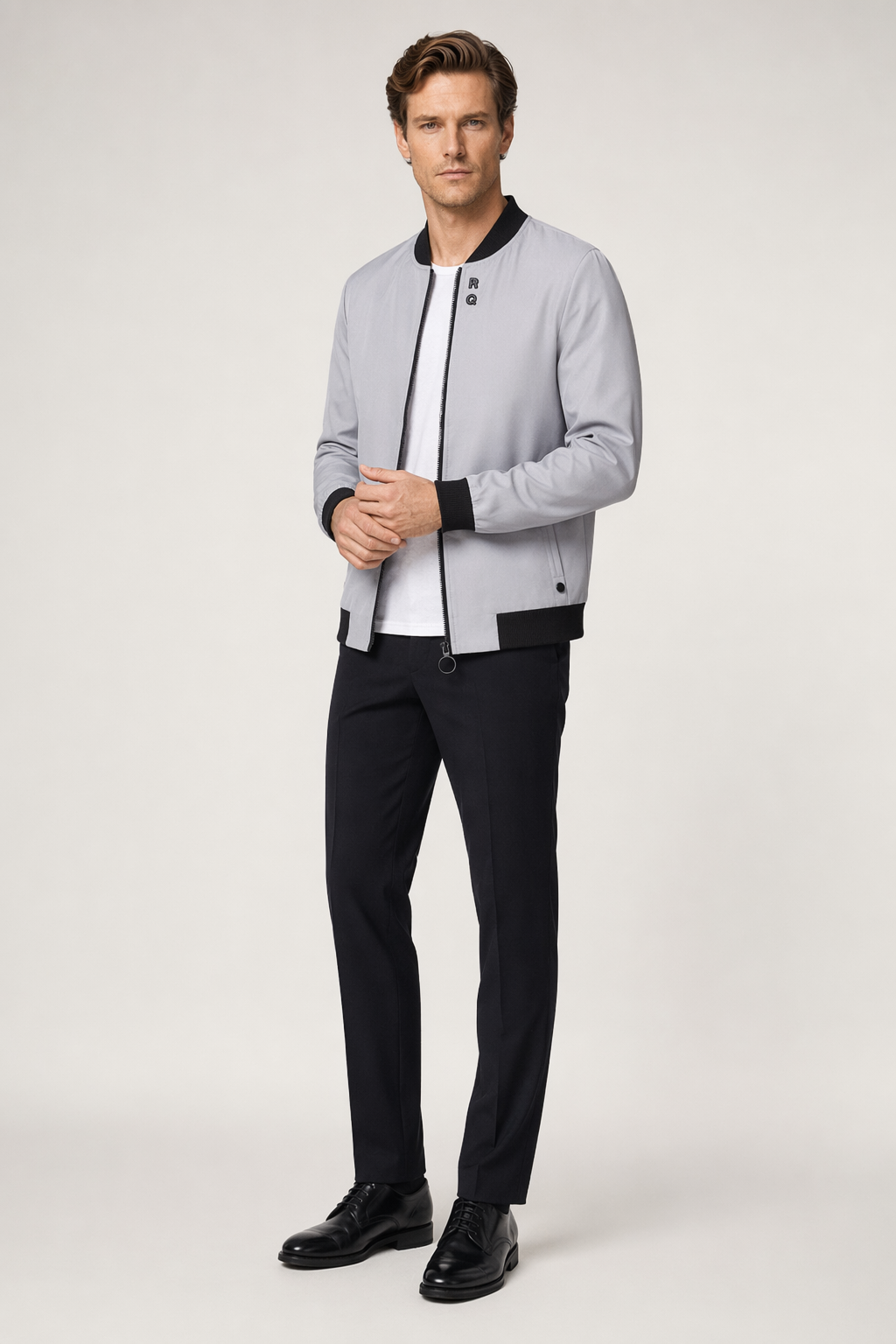 Round Neck Zipper Jacket for Men with Built-in Insulating Layer Gray