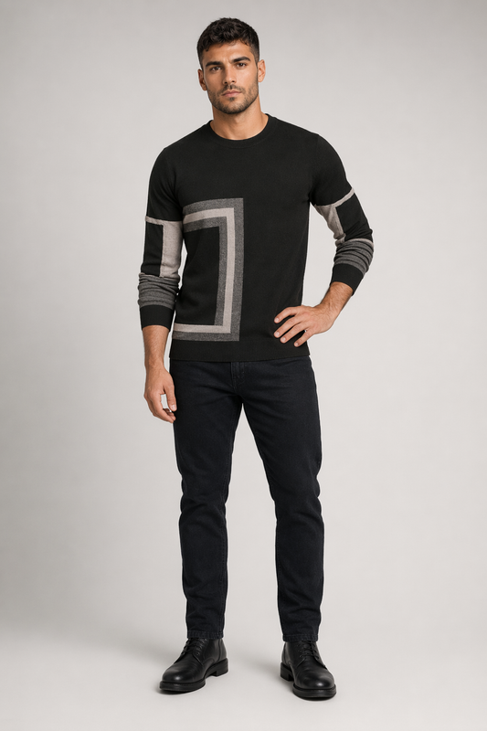 Printed Round Neck Men's Knit Sweater Khaki