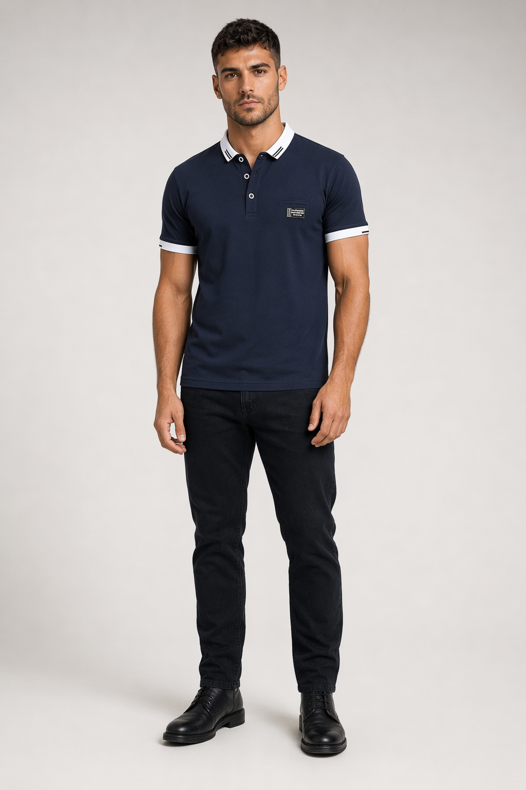 Two Tone Polo Shirt for Men with Short Sleeves Navy