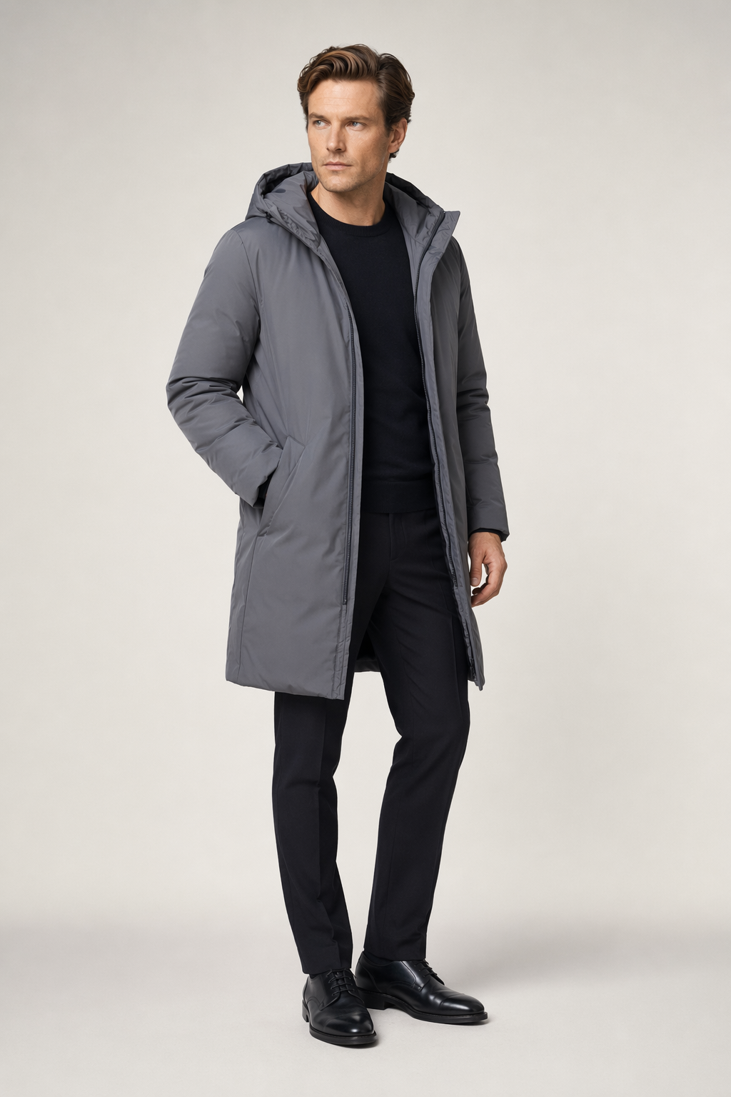 Mid-Length Hooded Men's Puffer Jacket Gray