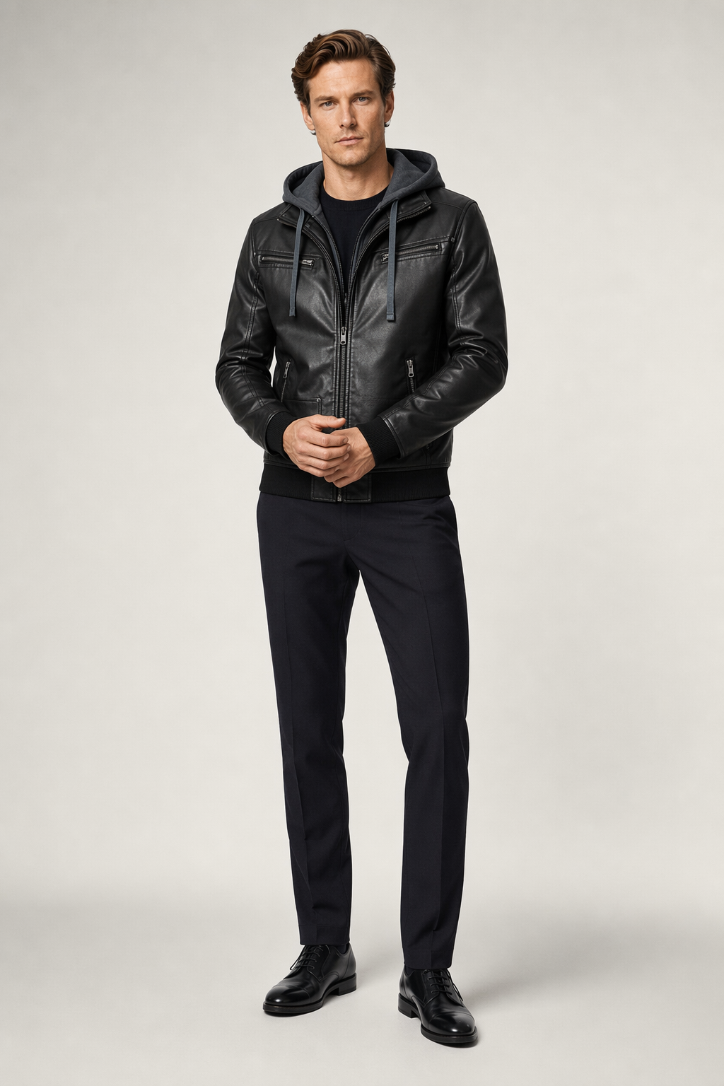 Faux Leather Jacket for Men with a Hood Default