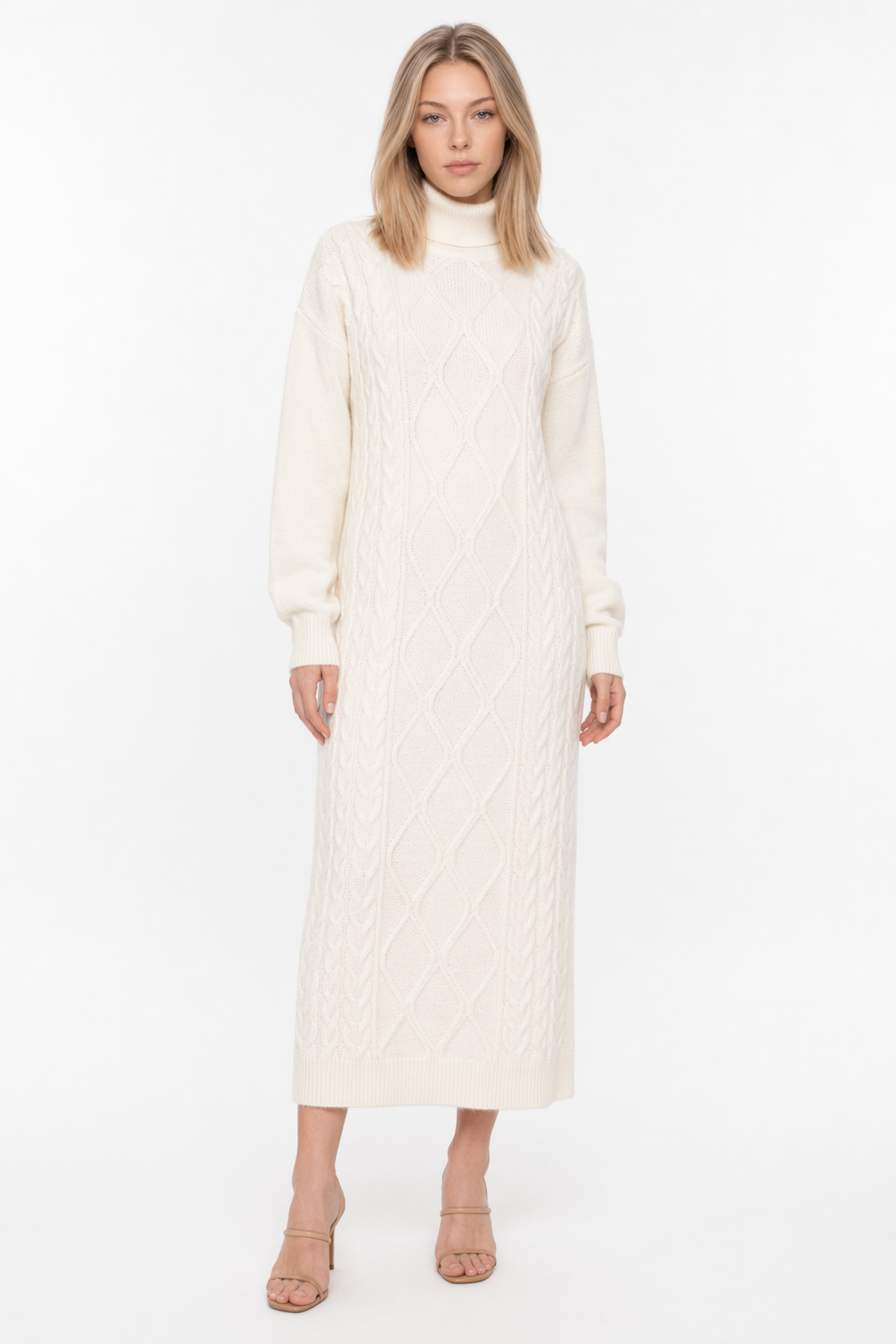 Long Cable Knit Dress for Women Off White