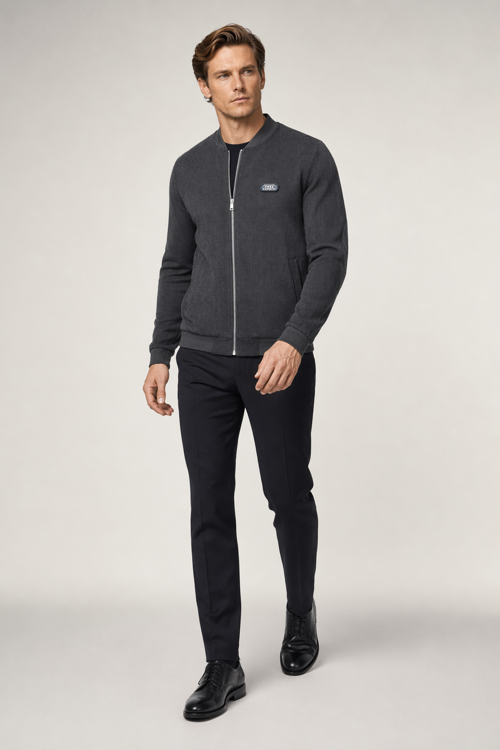 Winter Jacket with Elbow Patches and Zippered Collar for Men Gray
