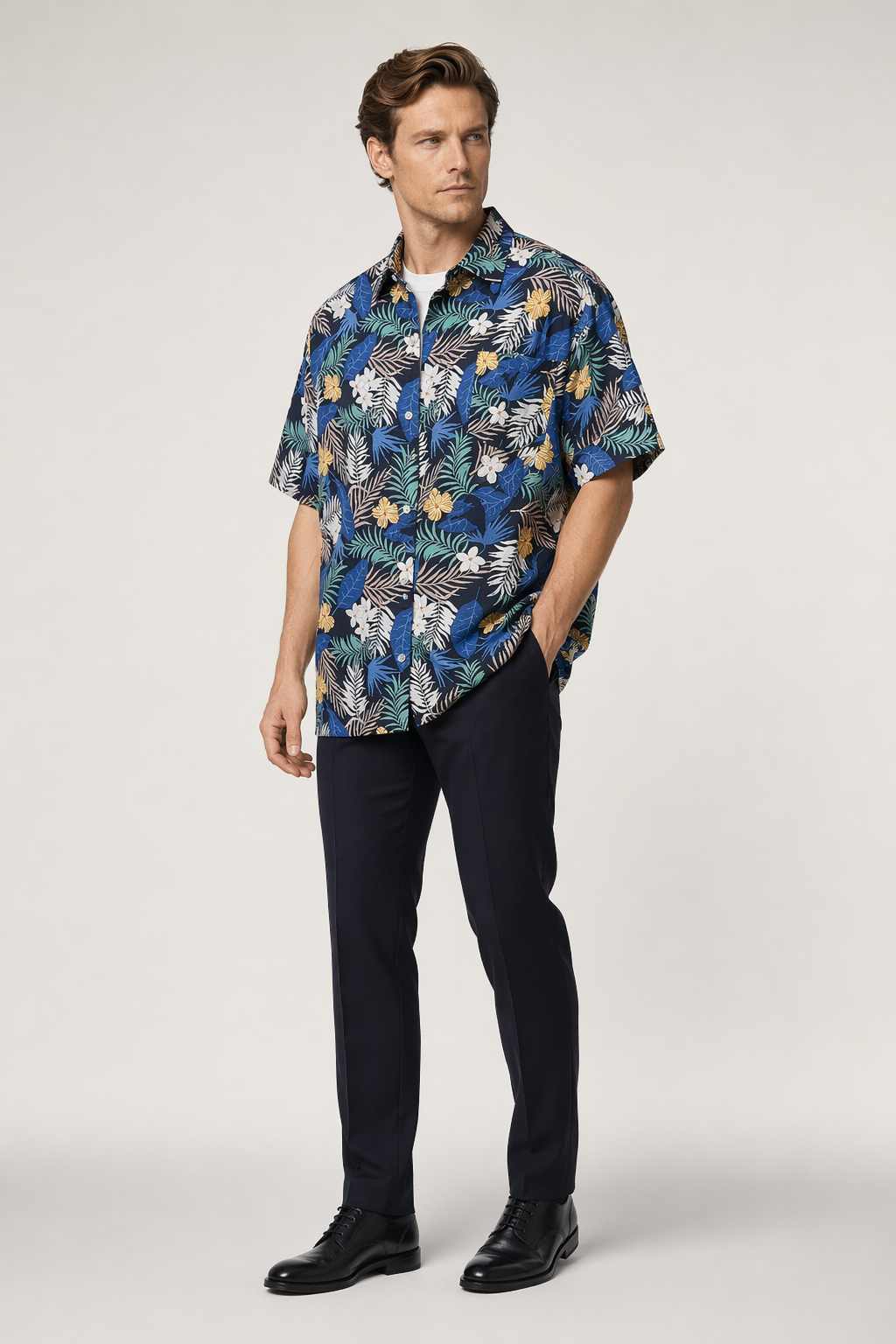 Yellow Hibiscus Print Short Sleeve Oversized Men's Hawaiian Shirt Default