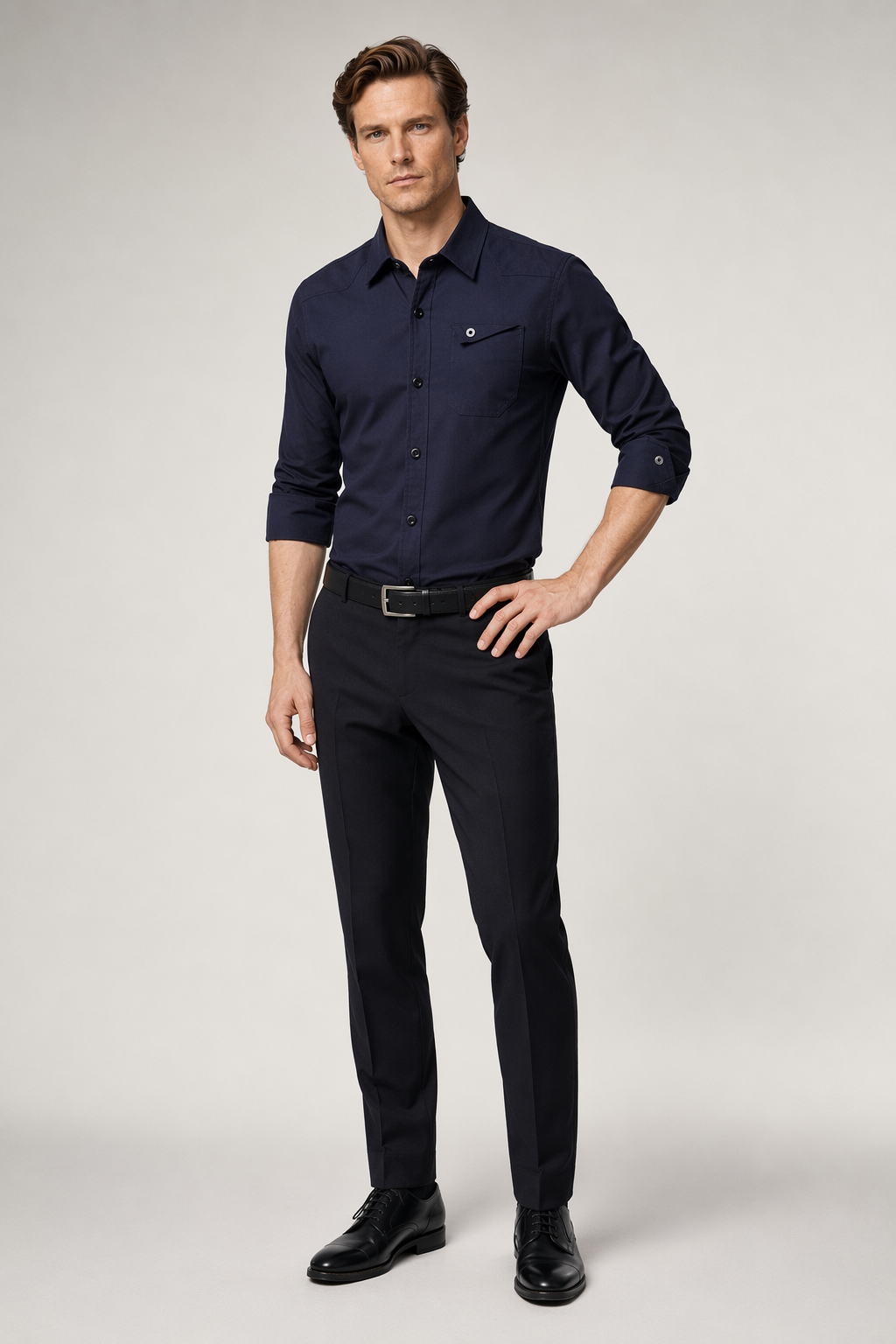Classic White Long Sleeve Shirt with Flip Pocket and Button Front for Men Navy