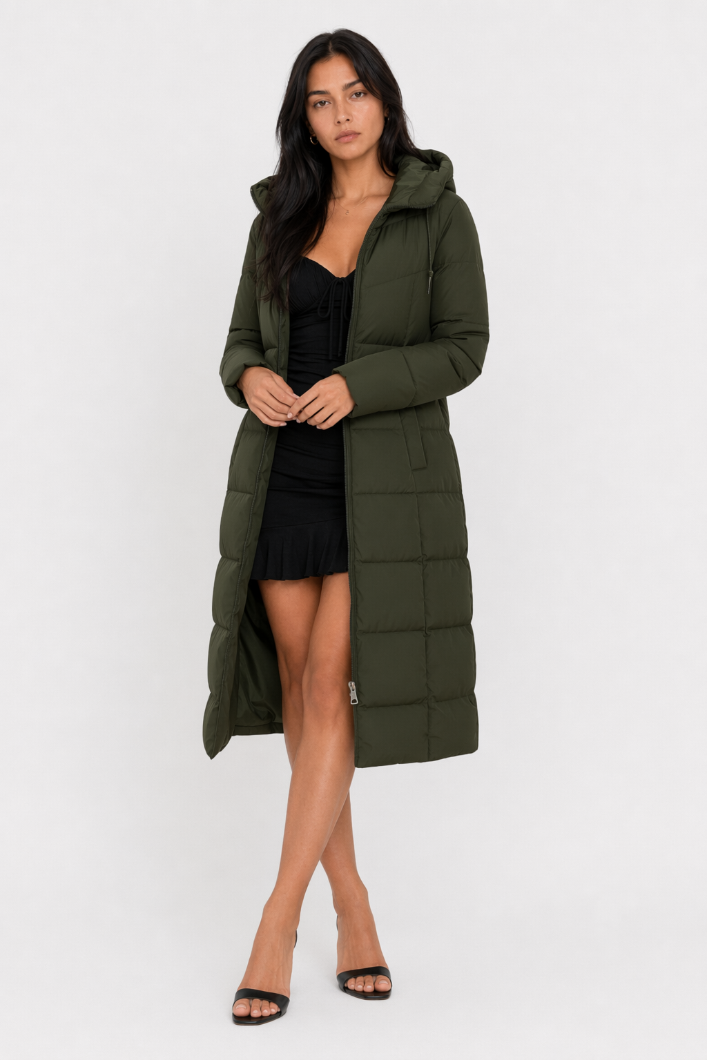 Long Hooded Puffer Jacket for Women Army Green
