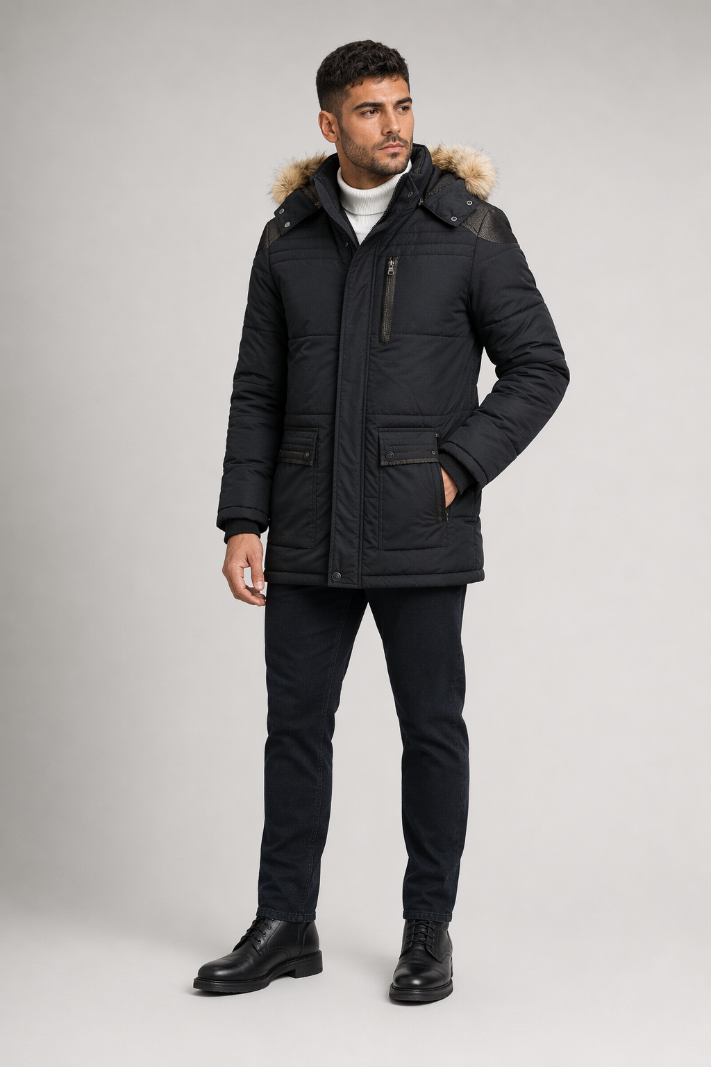 Black Hooded Winter Coat for Men Default