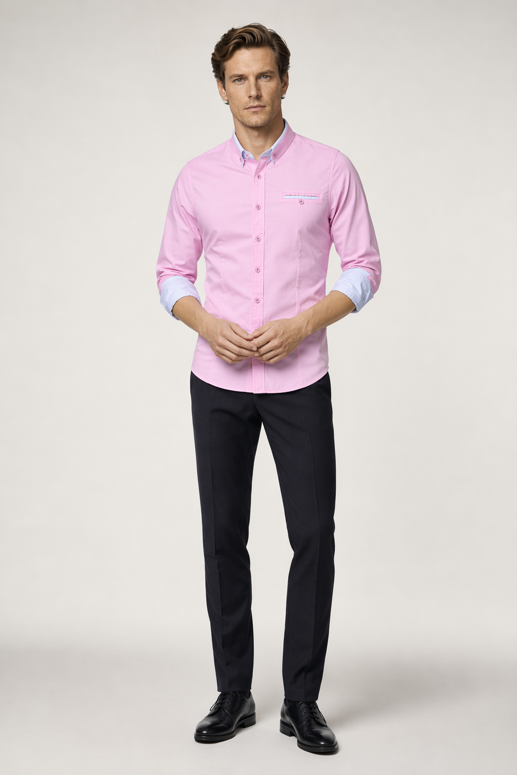 Dual Collar Men's Button-up Shirt Pink