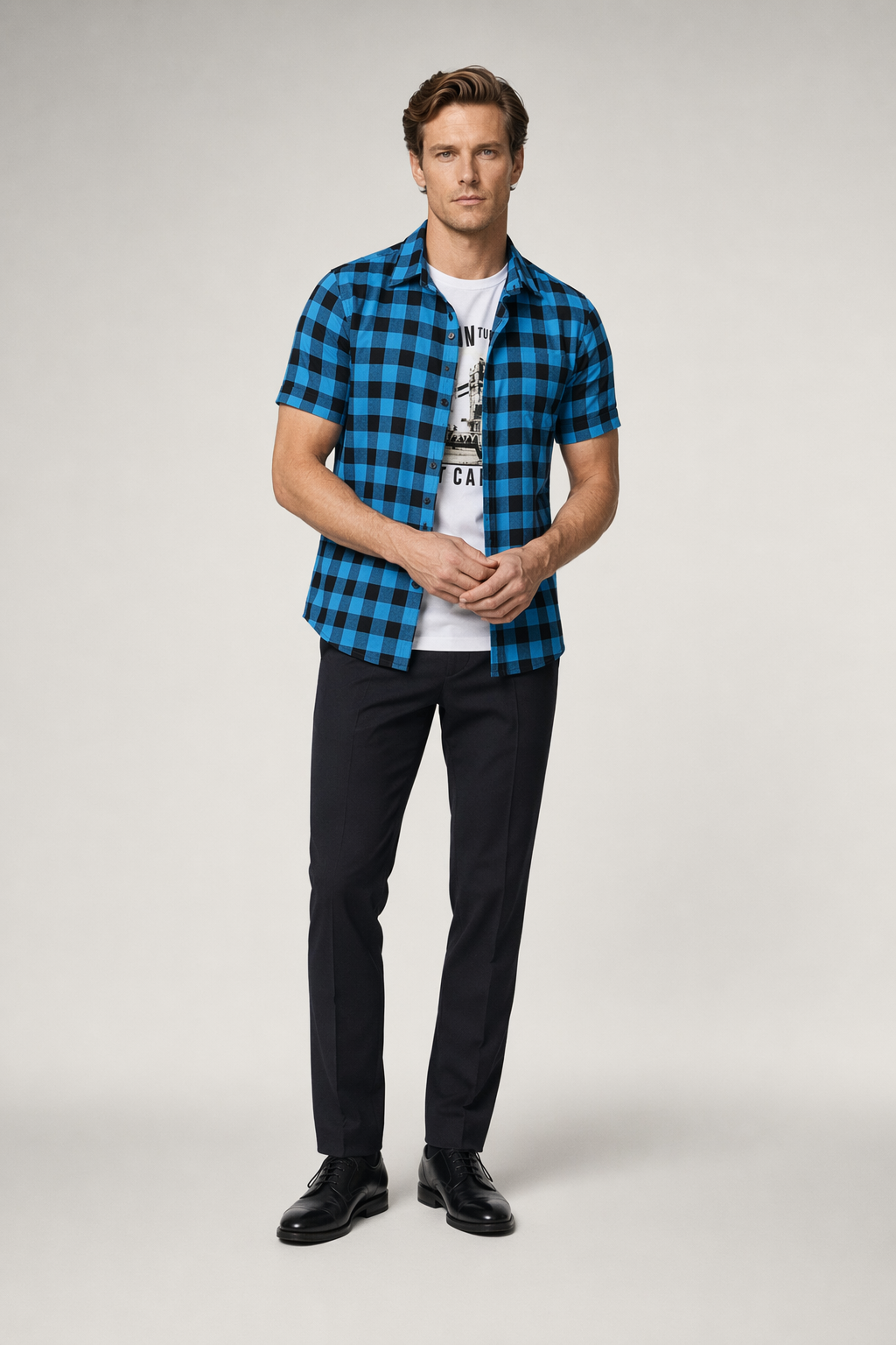 Checkered Short Sleeve Men's Shirt Blue