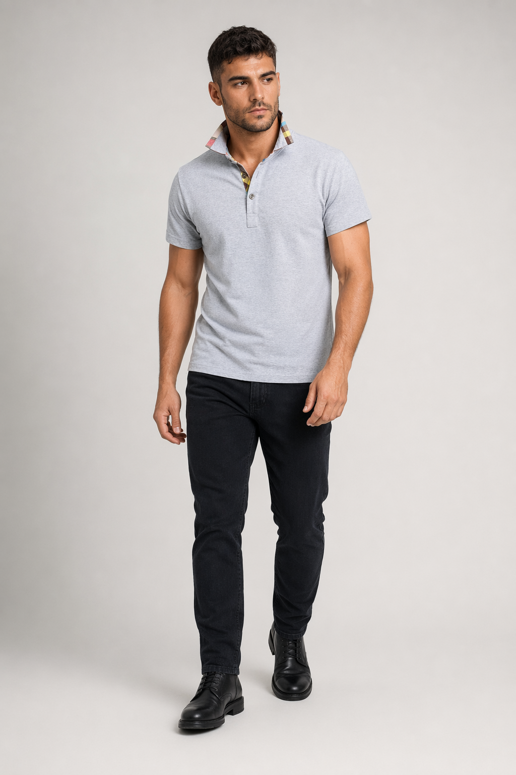 Plaid-Trimmed Polo Shirt for Men Gray