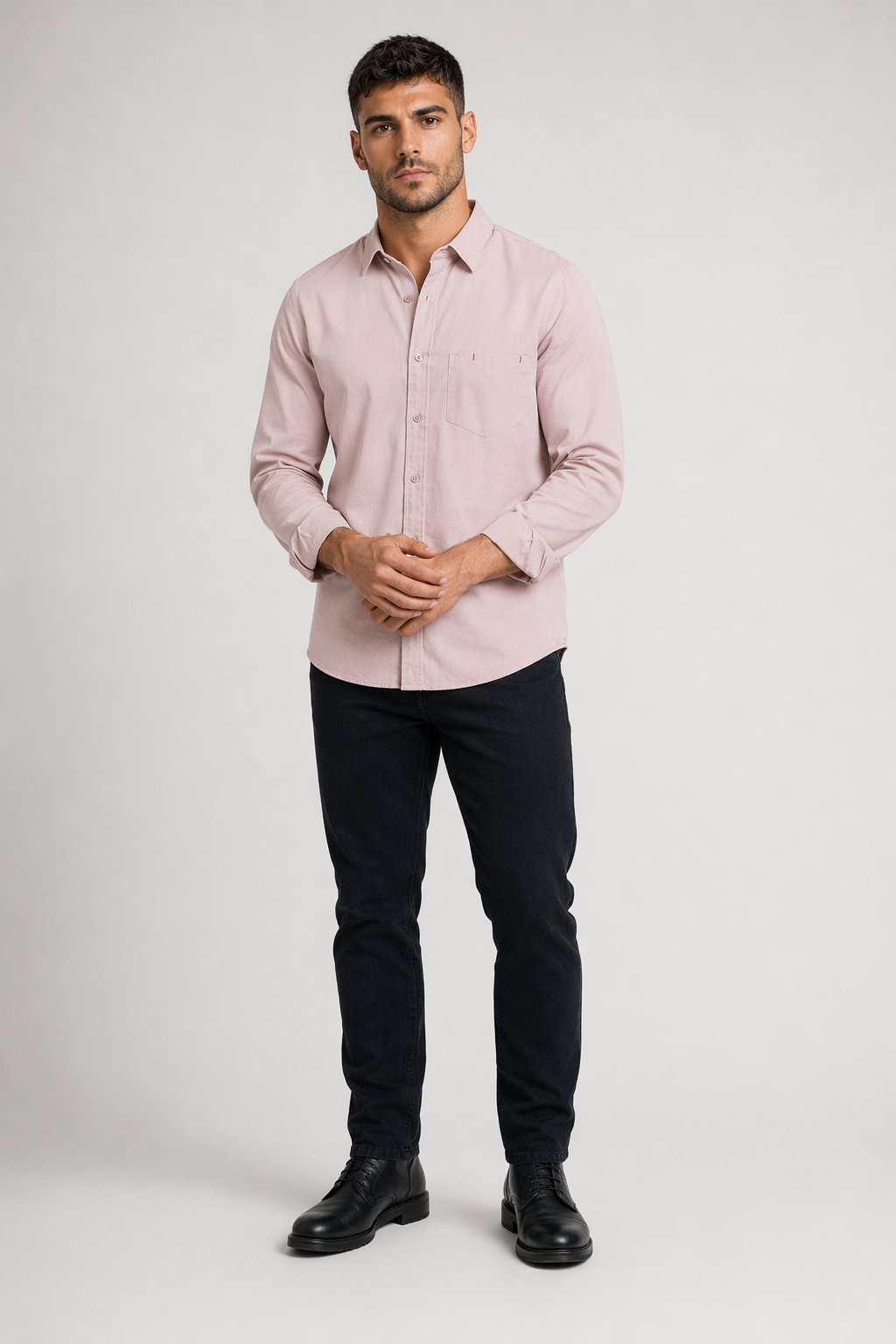 Casual Men's Shirt with Red Stitching Pink