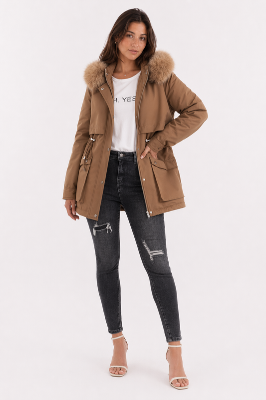 Faux Fur Hooded Women's Jacket with Adjustable Waist Tie Brown