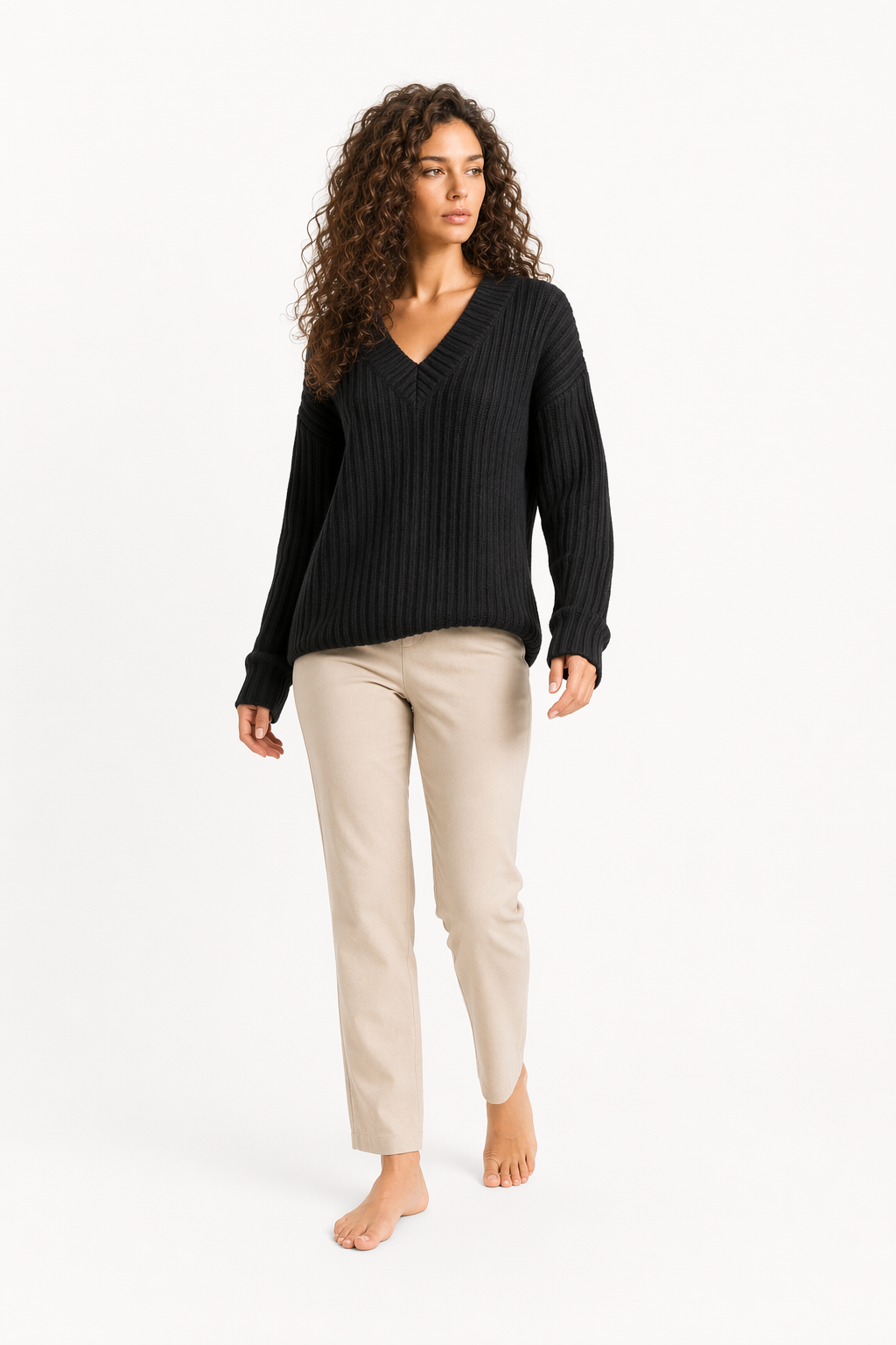Ribbed Knit Sweater for Women with a V-Neck Design Black