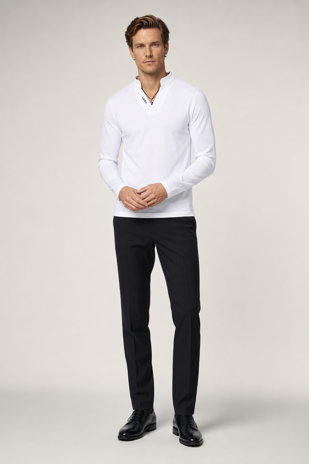 Long Sleeve V-Neck Casual Men's Shirt White